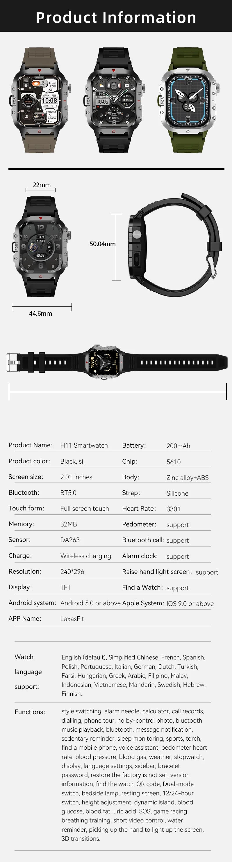 Smart Watch Bluetooth Voice Call LED Flashlight Health Monitor Outdoor Sports Smart