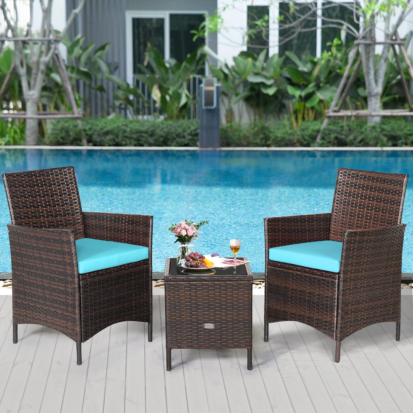 3PCS Patio Rattan Furniture Set Cushioned Sofa Glass Tabletop Deck Blue