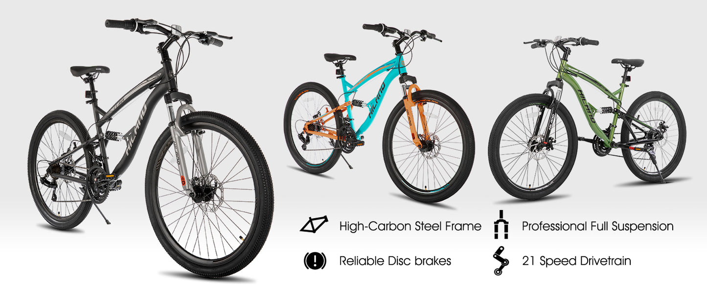Full Suspension Mens Mountain Bike, 21 Speed, 26 Inch Wheel, Dual Disc Brake Adult Bicycle