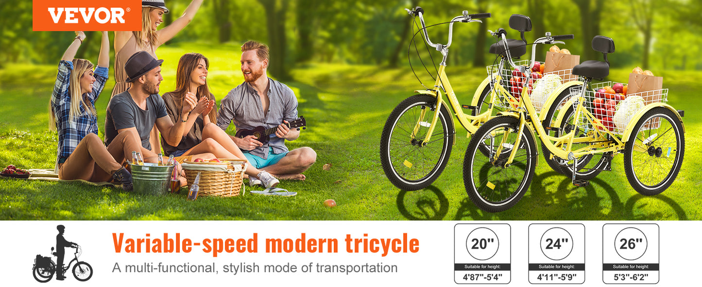 24 In 7 Speed Adult Tricycles 3-Wheeled, Carbon Steel Cruiser with Basket and Adjustable Seat