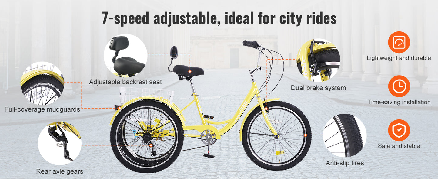 24 In 7 Speed Adult Tricycles 3-Wheeled, Carbon Steel Cruiser with Basket and Adjustable Seat