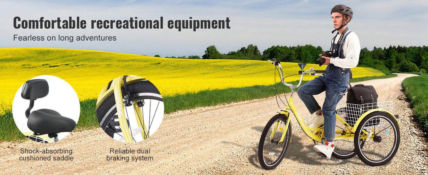 24 In 7 Speed Adult Tricycles 3-Wheeled, Carbon Steel Cruiser with Basket and Adjustable Seat
