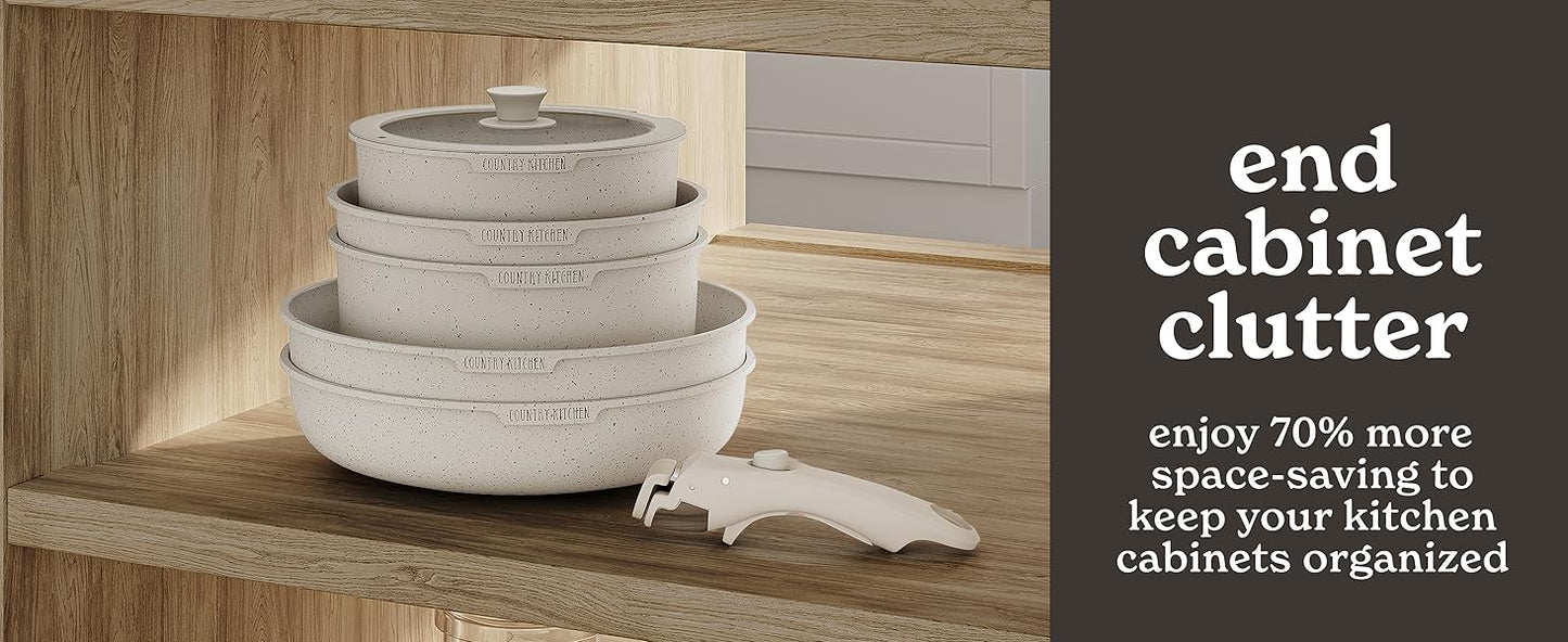 Cookware Set with Removable Handle, Oven & RV Safe Pots and Pans Set, Cream, Original