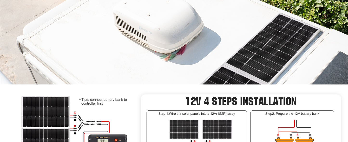 200 Watts 12 Volt/24 Volt Solar Panel Kit,High Efficiency Monocrystalline, 30A PWM Charge Control