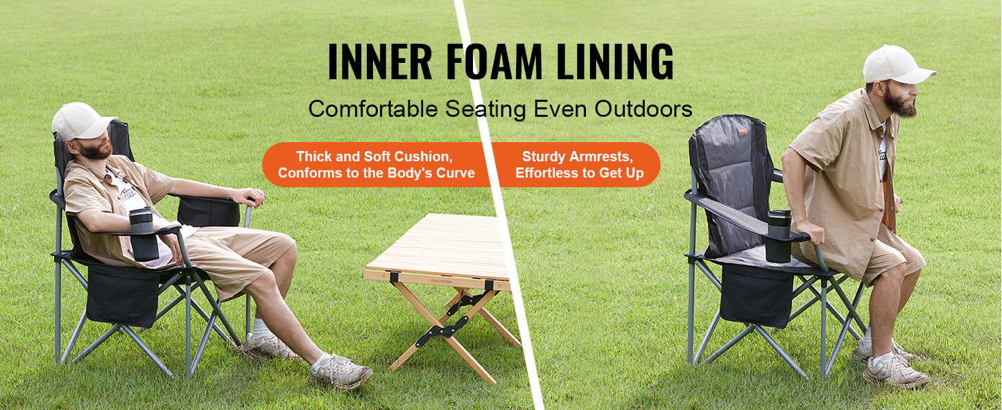 Camping Folding Chair, Adults Portable Quad Lumbar Back Padded Arm, Side Pockets Beach, Lawn, Picnic