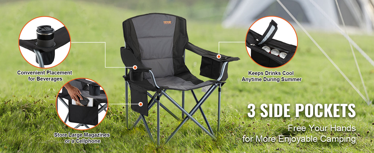 Camping Folding Chair, Adults Portable Quad Lumbar Back Padded Arm, Side Pockets Beach, Lawn, Picnic