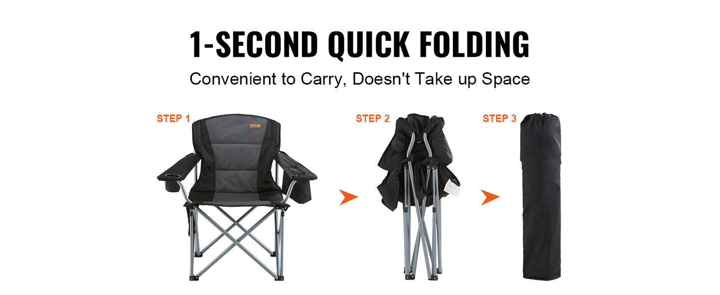 Camping Folding Chair, Adults Portable Quad Lumbar Back Padded Arm, Side Pockets Beach, Lawn, Picnic