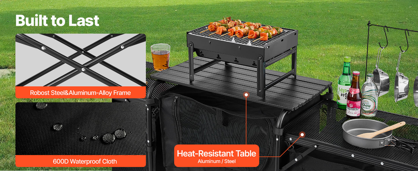 Camp Kitchen Table Aluminum Portable Cook Station, 3 Storage Cupboard Carrying Bag Quick Set-up