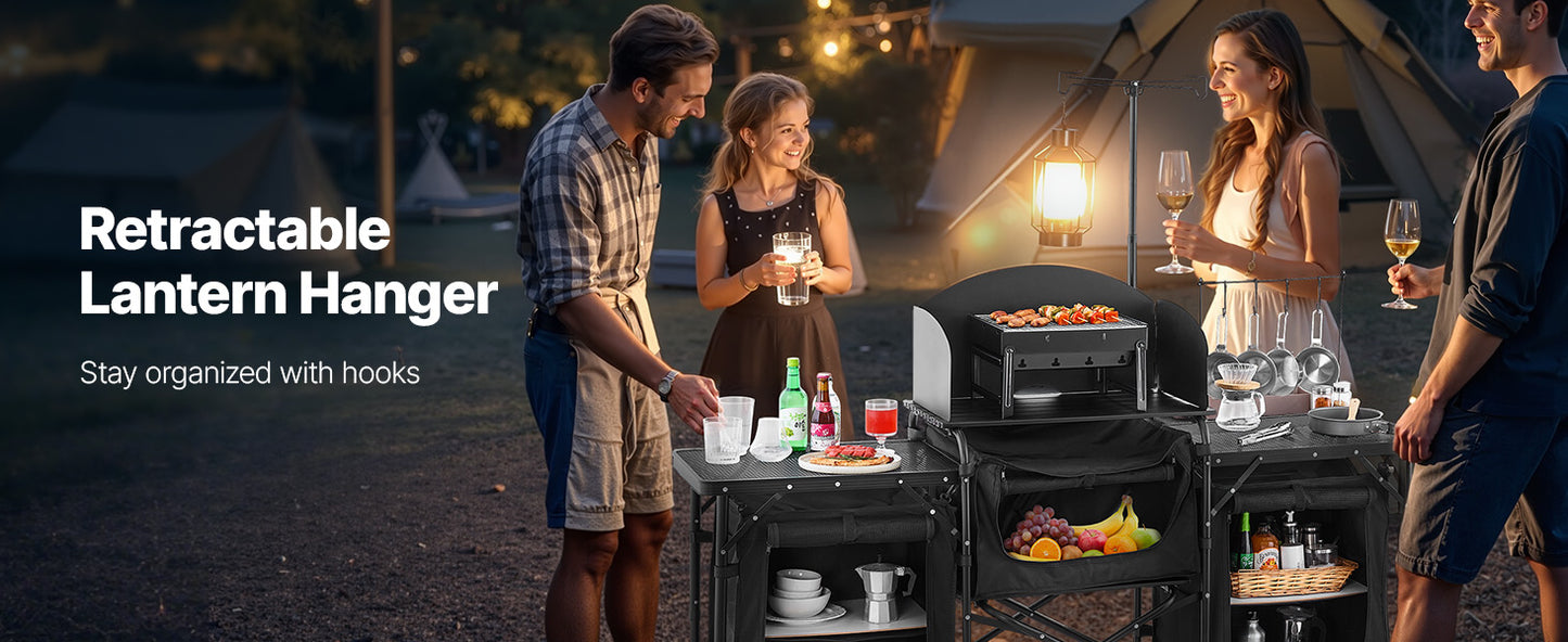 Camp Kitchen Table Aluminum Portable Cook Station, 3 Storage Cupboard Carrying Bag Quick Set-up