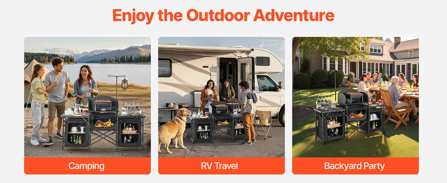 Camp Kitchen Table Aluminum Portable Cook Station, 3 Storage Cupboard Carrying Bag Quick Set-up