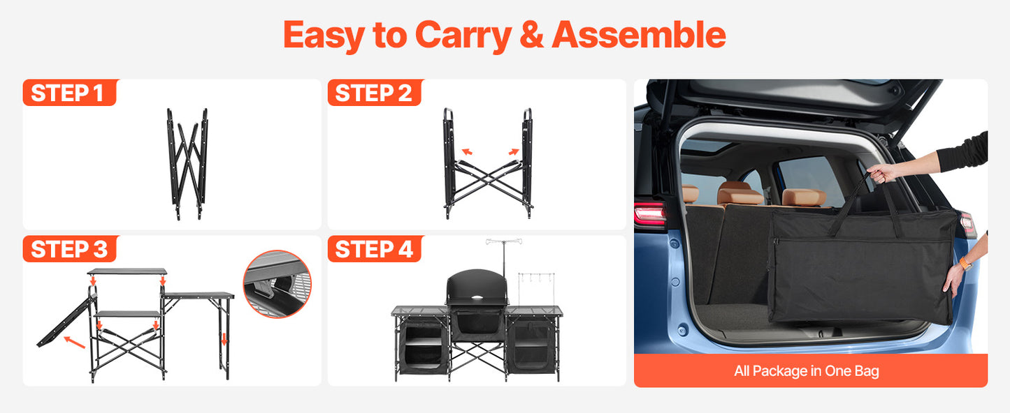 Camp Kitchen Table Aluminum Portable Cook Station, 3 Storage Cupboard Carrying Bag Quick Set-up