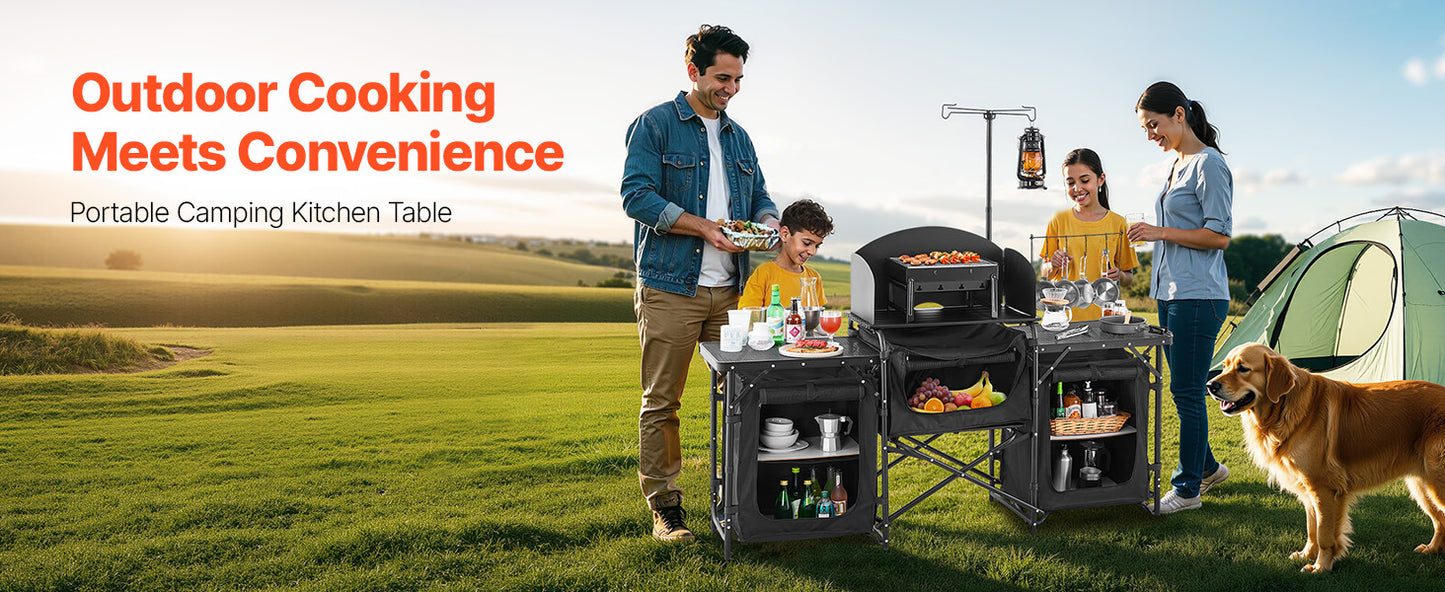 Camp Kitchen Table Aluminum Portable Cook Station, 3 Storage Cupboard Carrying Bag Quick Set-up