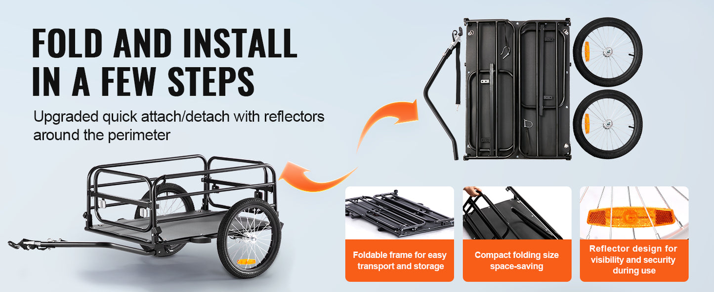 ]60 lbs Bike Cargo Trailer Foldable  Bicycle Wagon, 16" Wheels Reflectors Fits 22"-28" Bike Wheels