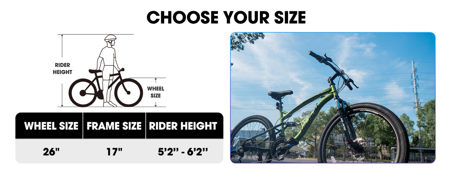 Full Suspension Mens Mountain Bike, 21 Speed, 26 Inch Wheel, Dual Disc Brake Adult Bicycle