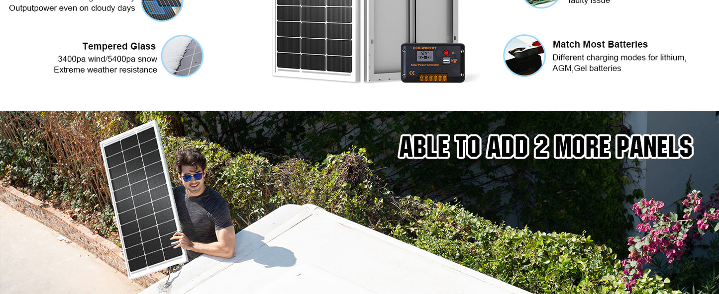 200 Watts 12 Volt/24 Volt Solar Panel Kit,High Efficiency Monocrystalline, 30A PWM Charge Control