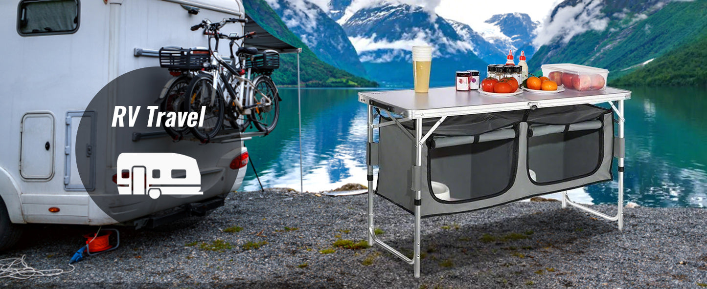 Camping Kitchen Table Quick set-up Folding MDF, Outdoor Picnics BBQ Camping RV Traveling