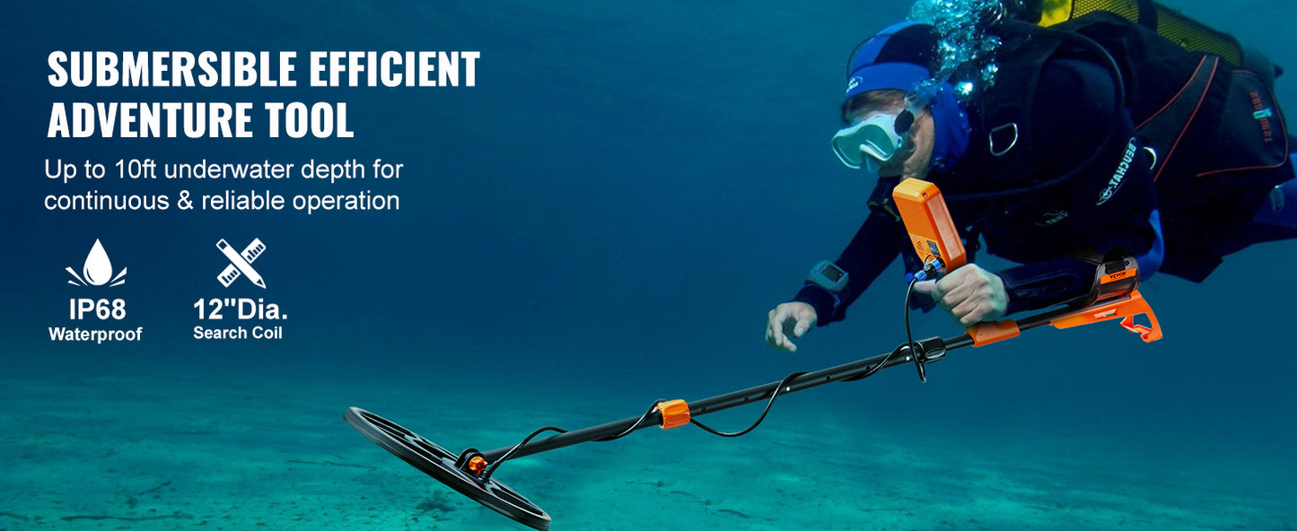 Professional Rechargeable Metal Detector 12" IP68 Waterproof Coil 39-50 in Adjustable LCD 7Modes