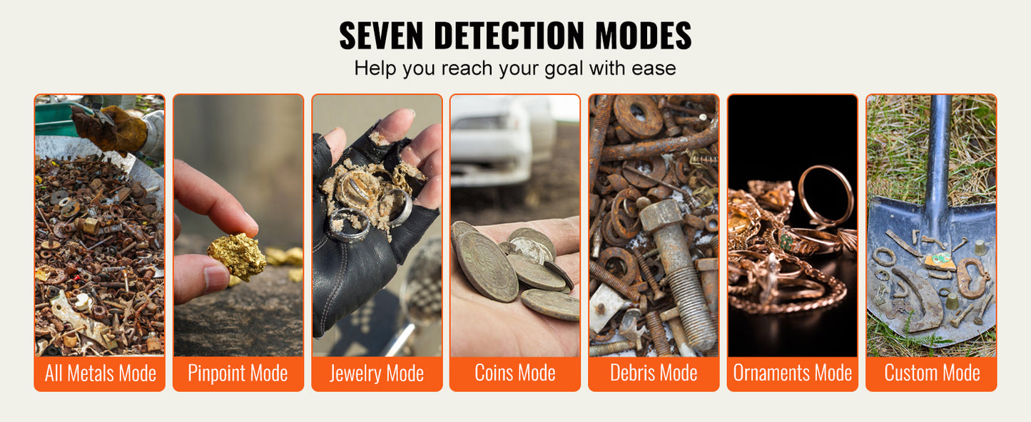 Professional Rechargeable Metal Detector 12" IP68 Waterproof Coil 39-50 in Adjustable LCD 7Modes